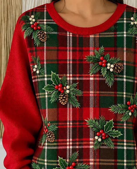 Women Festive Plaid Three Dimensional Crew Neck Spring Fall Long Sleeve Sweatshirt