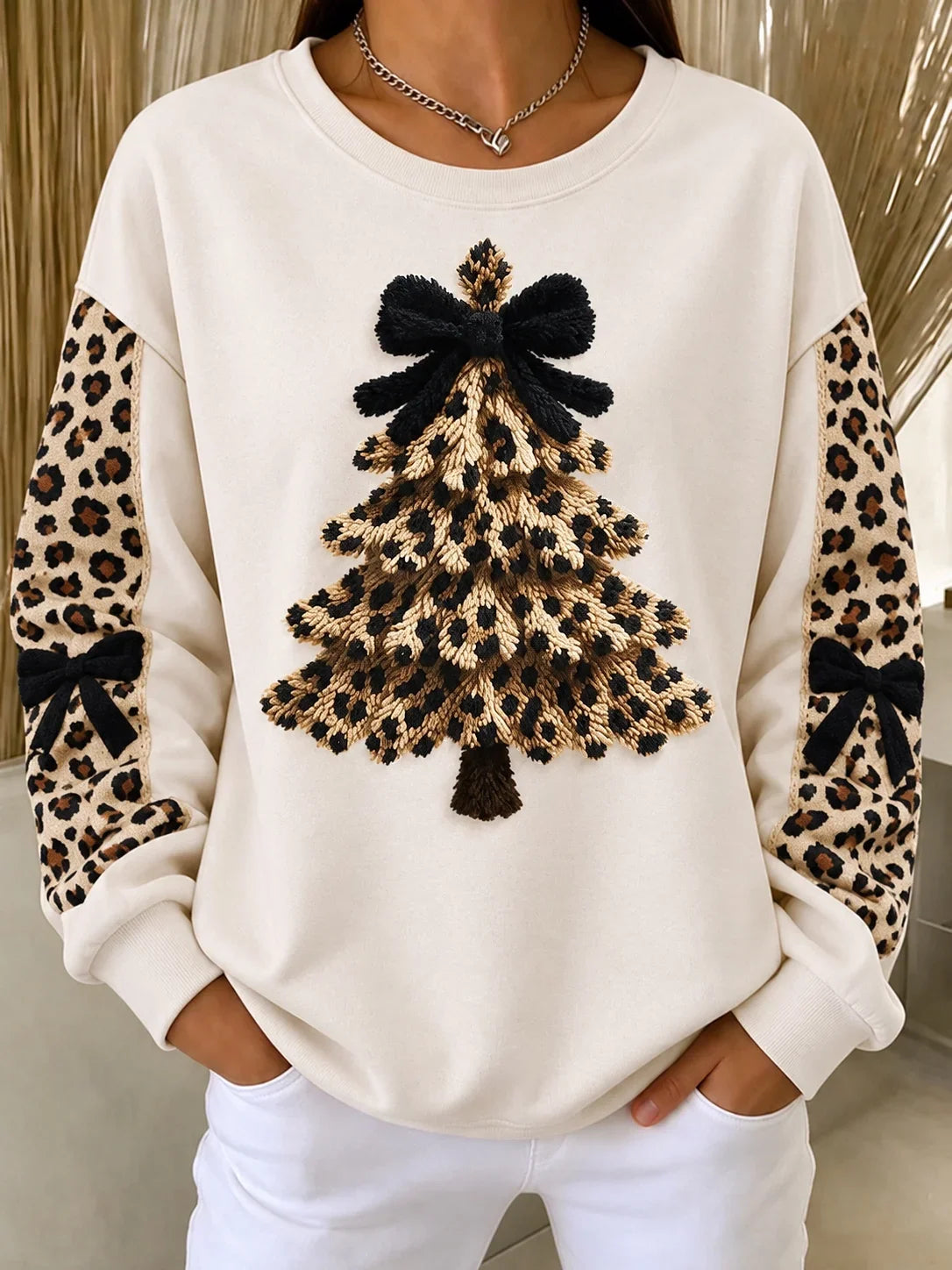 Casual Leopard Crew Neck Long Sleeve Sweatshirt