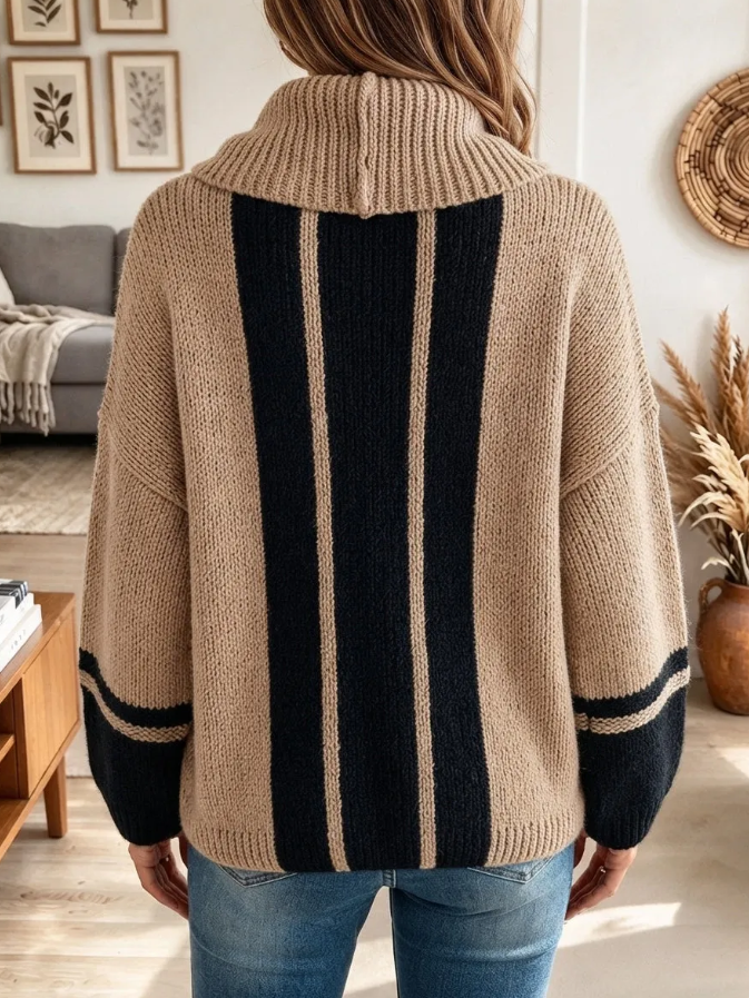 Women Color Block Striped Cowl Neck Knit Sweater