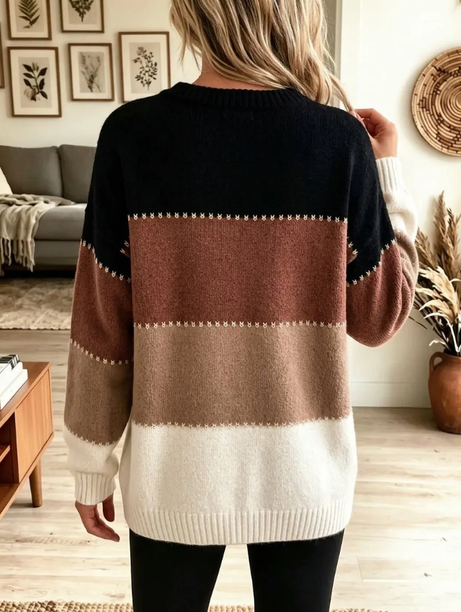 Women Color Block Striped Crew Neck Long Sleeve Knit Sweater