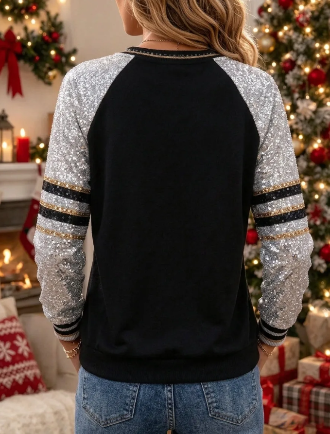 Women Pearl Snowman Sequin Sleeve Print Christmas Sweatshirt