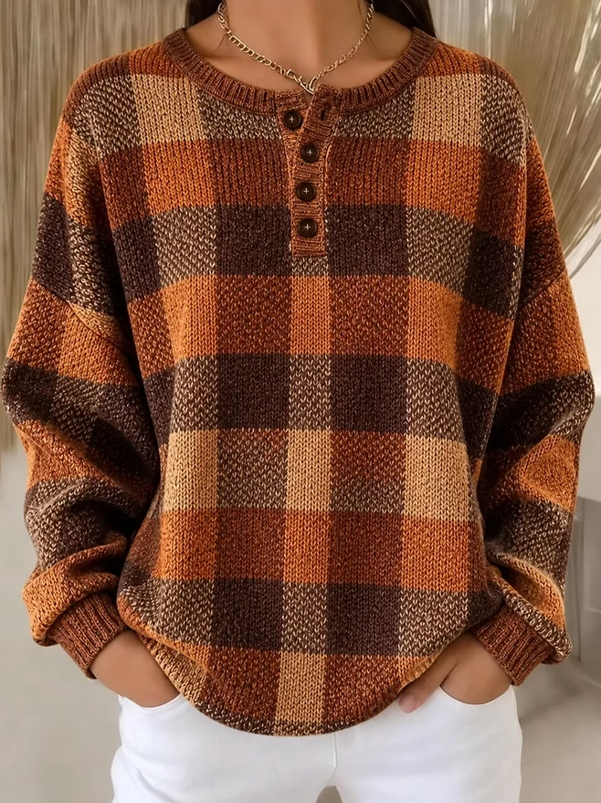 Women Rustic Geometric Henley Collar Casual Spring Fall Long Sleeve Sweatshirt