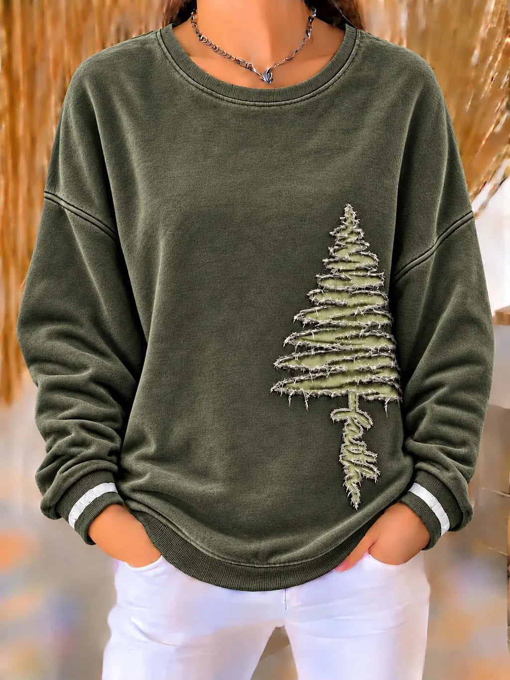 Trendy Faith Olive Green Vintage Christmas Tree Patch Sweatshirt