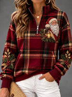 Classic Vintage Christmas Top For Women With Plaid Pattern And Santa Motif