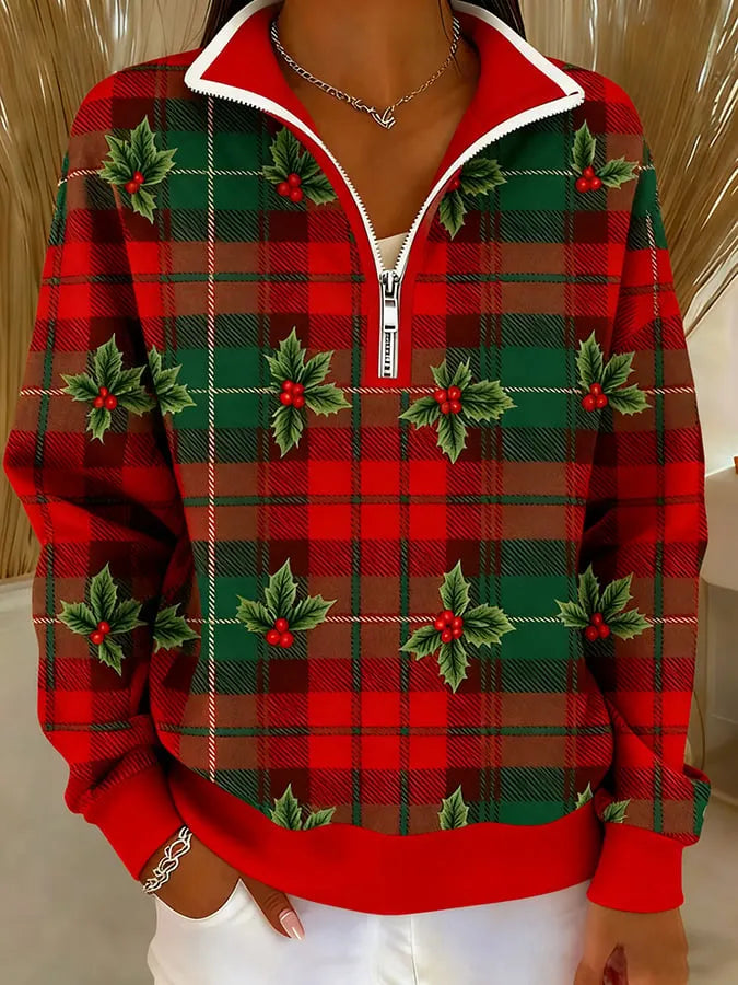 Elegant Women's Casual Christmas Plaid Zipper Sweatshirt