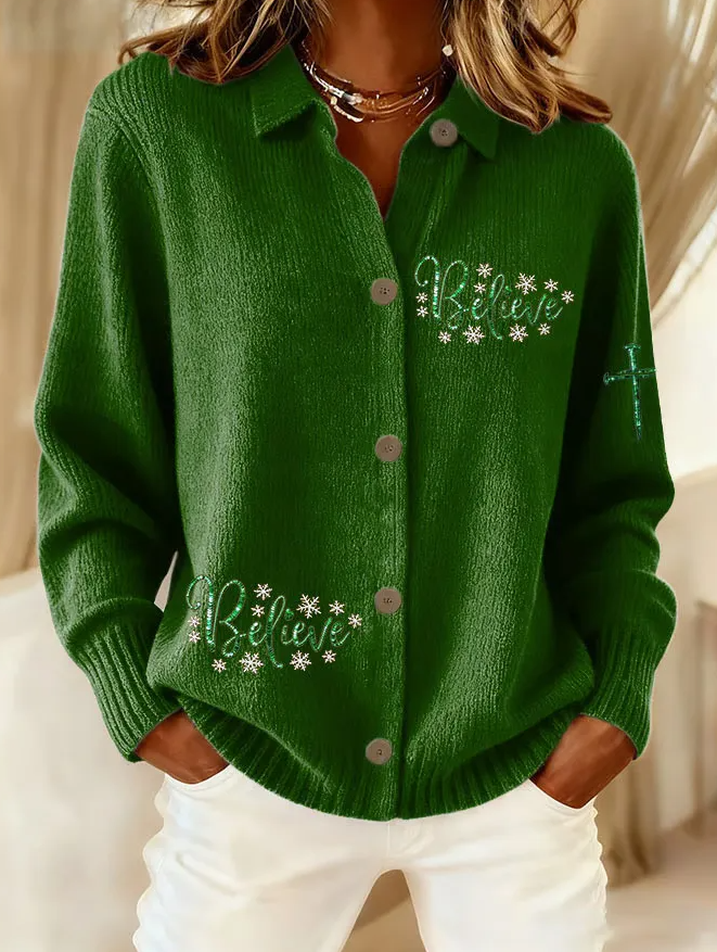Women Christmas Snowflake Print Button Front Long Sleeve Shirt