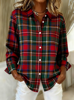 Women Vintage Christmas Plaid Stripe Long Sleeve Shirt