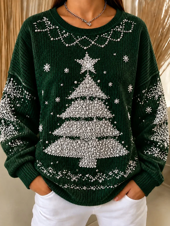 Women Elegant Christmas Star Tree Snowflake Crew Neck Casual Sweatshirt