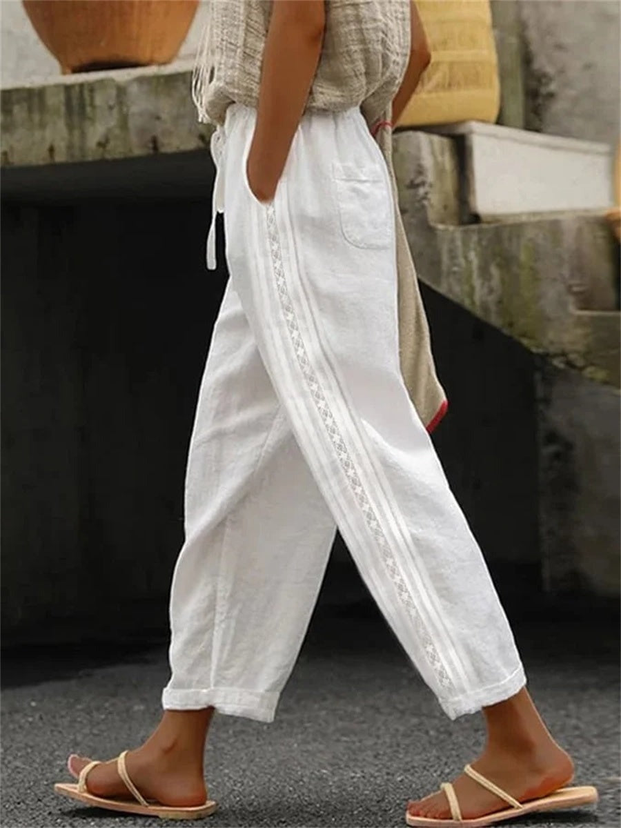 Women's Cotton Linen Lace Pockets Pants