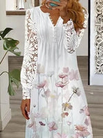 Lace Floral V-neck Long Sleeve Loose Casual Maxi Dress