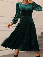 Plain Elegant Crew Neck Long Sleeve A-line Velvet Party Midi Dress