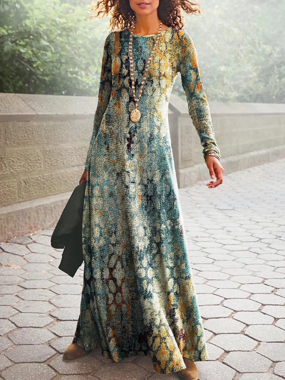 Vintage Abstract Print Crew Neck Long Sleeve Lightweight Micro-elasticity Loose Maxi Dress