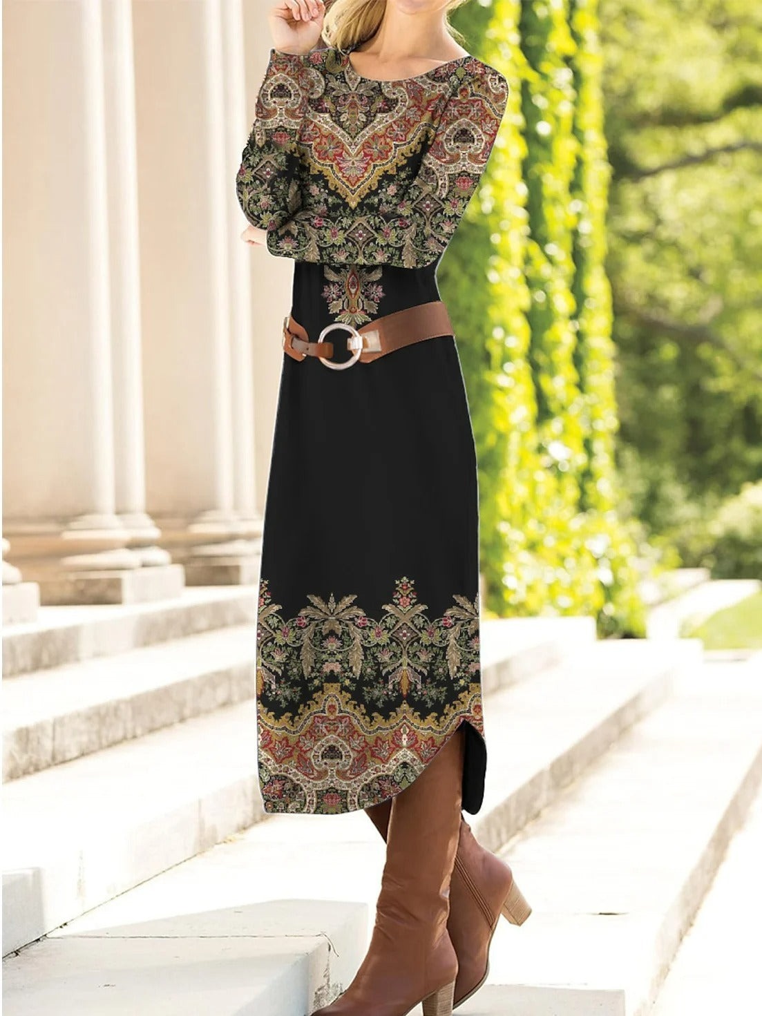 Long Sleeve Spring Fall Ethnic Dress Crew Neck Maxi H-Line T-Shirt Dress