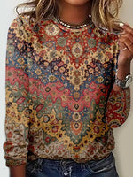 Ethnic Abstract Graphic Crew Neck Micro-elasticity Blouse