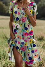 Fashion Casual Crew Neck Short Sleeve Floral Midi Dress