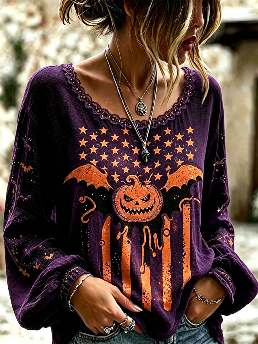 Women's Halloween Purple Pumpkin Bat Star Print V Neck Lace Trim Long Sleeve Blouse