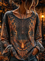 Women's Halloween Dark Grey Spider Web Floral Print Round Neck Long Sleeve Blouse