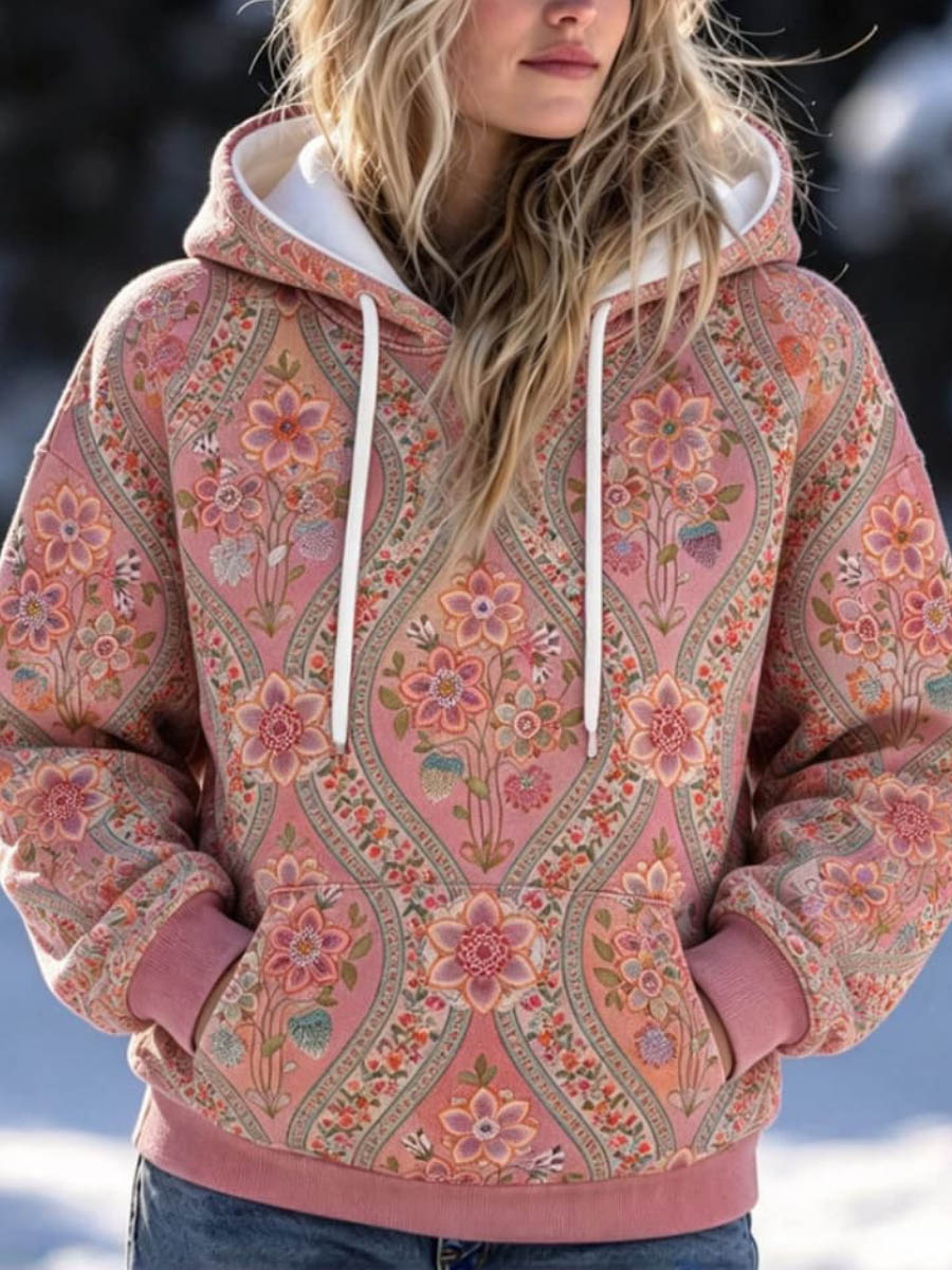 Women's Pink Vintage Floral Print Hooded Long Sleeve Hoodie