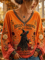 Women's Halloween Orange Witch Floral Letter Print V Neck Long Sleeve Top