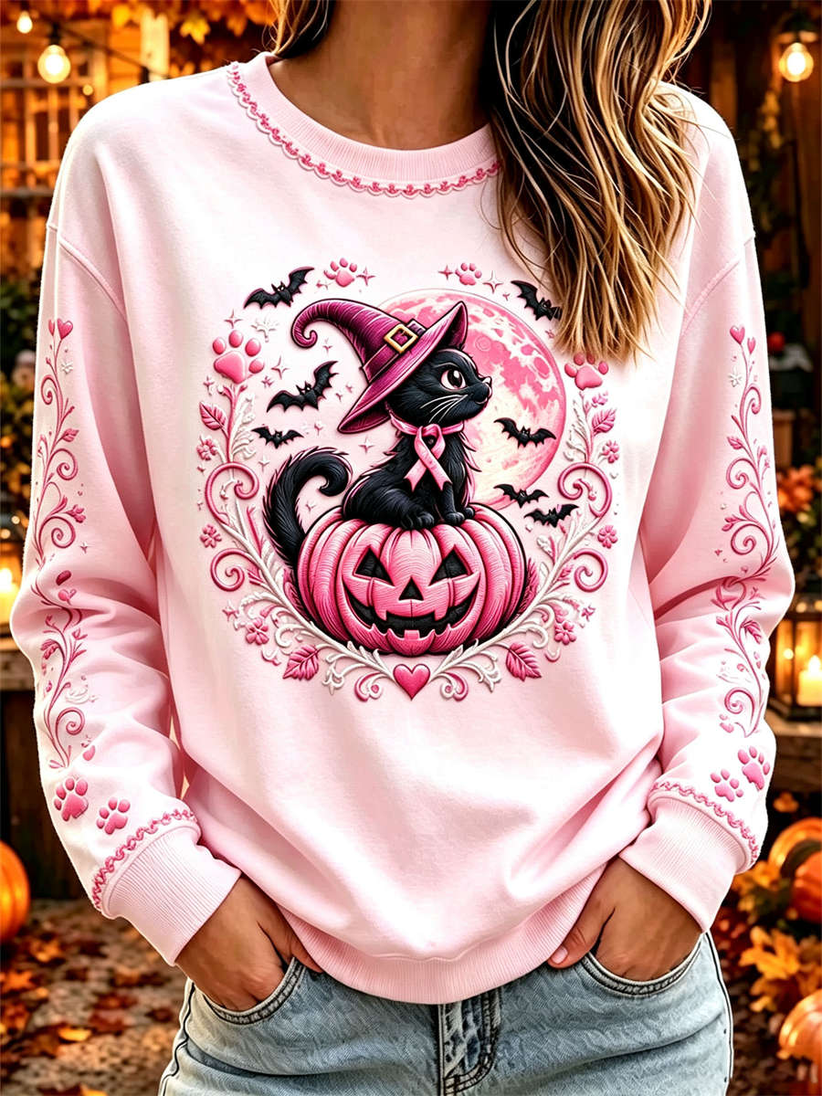 Women's Halloween Pink Black Cat Pumpkin Print Round Neck Long Sleeve Sweatshirt