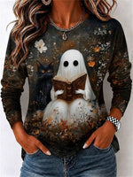 Women's Halloween Multi Ghost Black Cat Floral Print Round Neck Long Sleeve Top