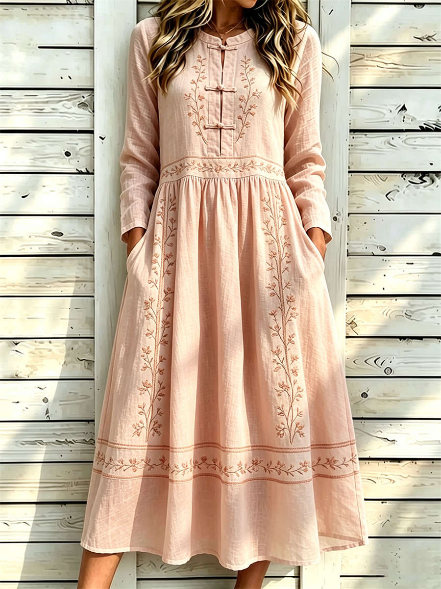 Women's Light Pink Floral Print Mandarin Collar Long Sleeve Midi Dress