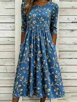 Women's Blue Floral Printed Round Neck 3/4 Sleeve Midi Dress
