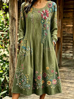 Women's Countryside Green Floral Embroidery Round Neck Long Sleeve Midi Dress