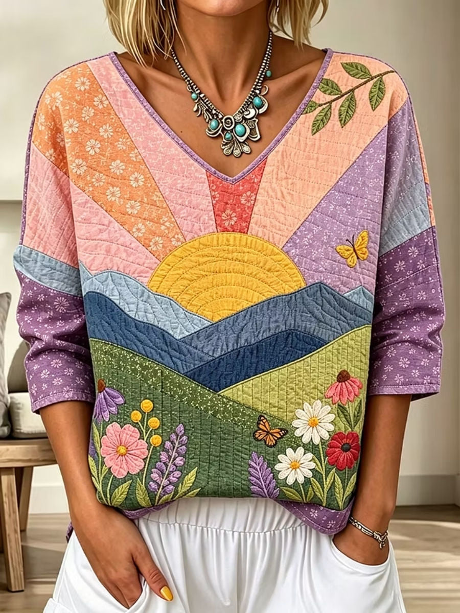 Women's Multi Mountain Sun Floral Butterfly Patchwork V Neck 3/4 Sleeve Blouse