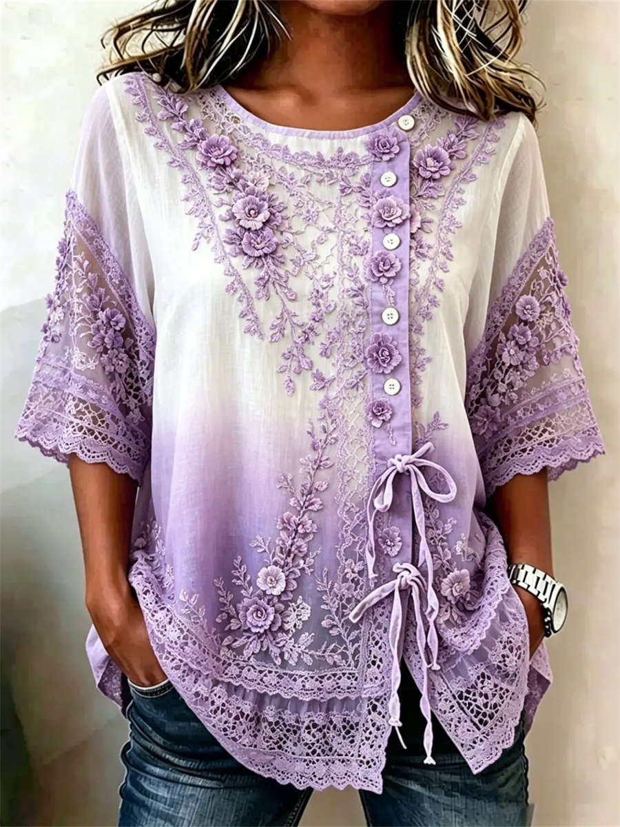 Women's Purple Gradient Floral Embroidery Lace Round Neck 3/4 Sleeve Blouse