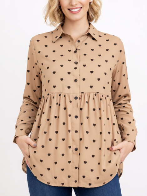 Women's Heart Print Ruffled Blouse