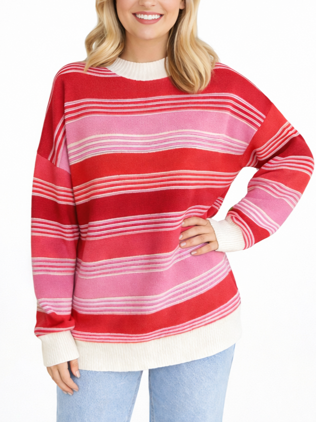Women'S Colorful Striped Crew Neck Sweater