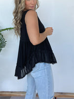 New V-neckline Sleeveless Flow Top with Lace Trim