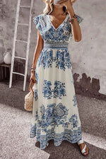 Blue and White Floral V Neck Flounce Sleeve Maxi Dress