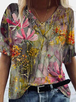 Floral Print V-Neck Short Sleeves Shirts