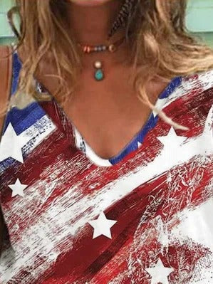 American Flag Print V-neck Short Sleeves T-shirt