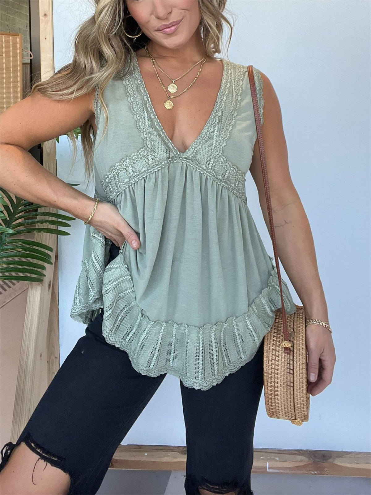 V-neckline Sleeveless Flow Top with Lace Trim
