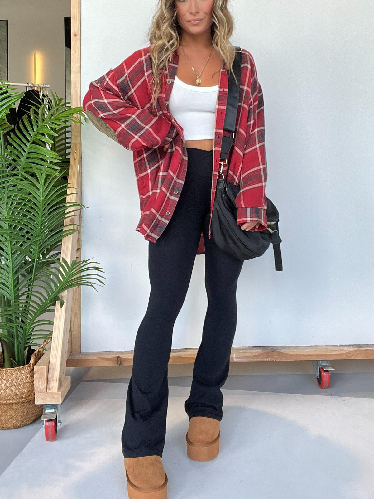 Women's Plaid Button Down Shirt with Elbow Patch Detailing