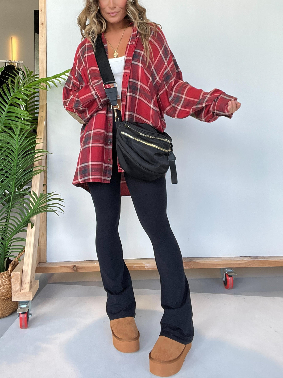 Women's Plaid Button Down Shirt with Elbow Patch Detailing