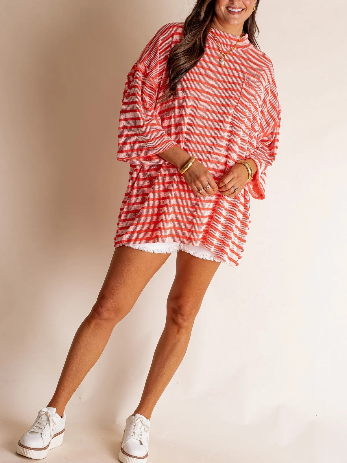 Women's Oversized High Neck Urban Ribbed Striped Top