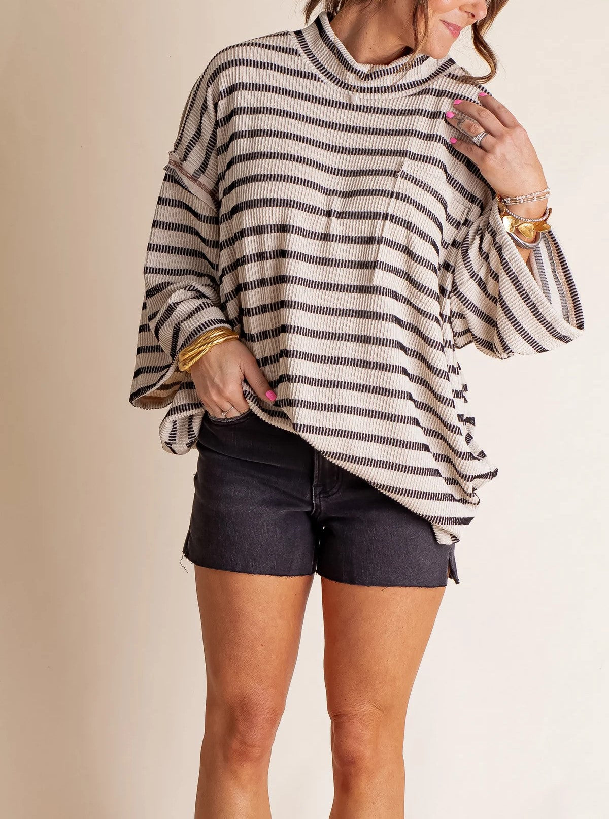 Women's Oversized High Neck Urban Ribbed Striped Top
