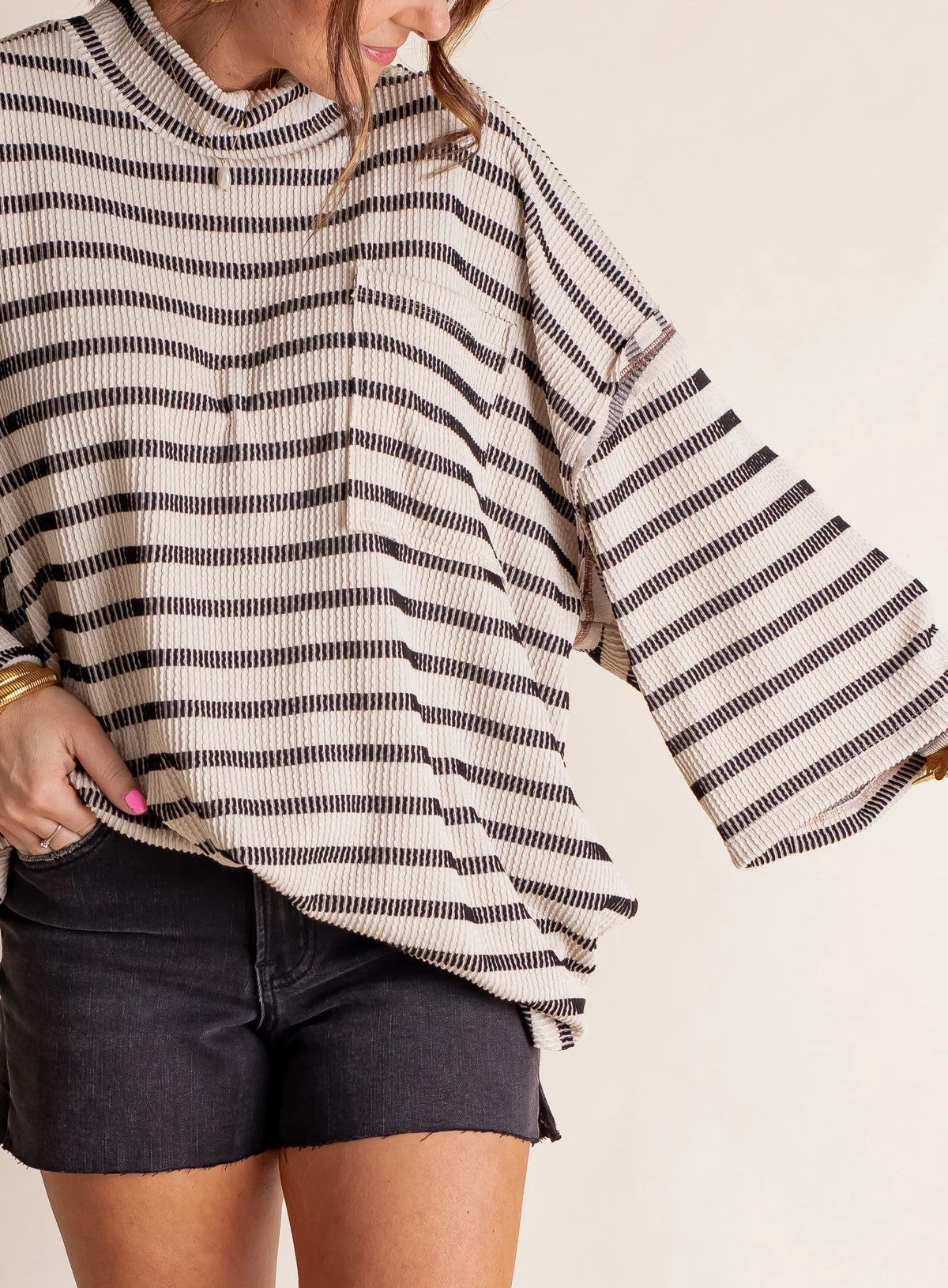 Women's Oversized High Neck Urban Ribbed Striped Top