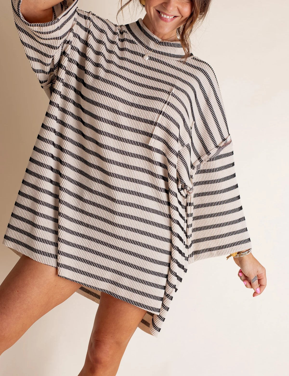 Women's Oversized High Neck Urban Ribbed Striped Top