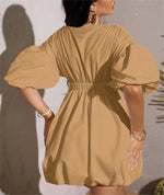 Women's Deep V-Neck Puffy Sleeve Elasticated High Waist Flared Dress