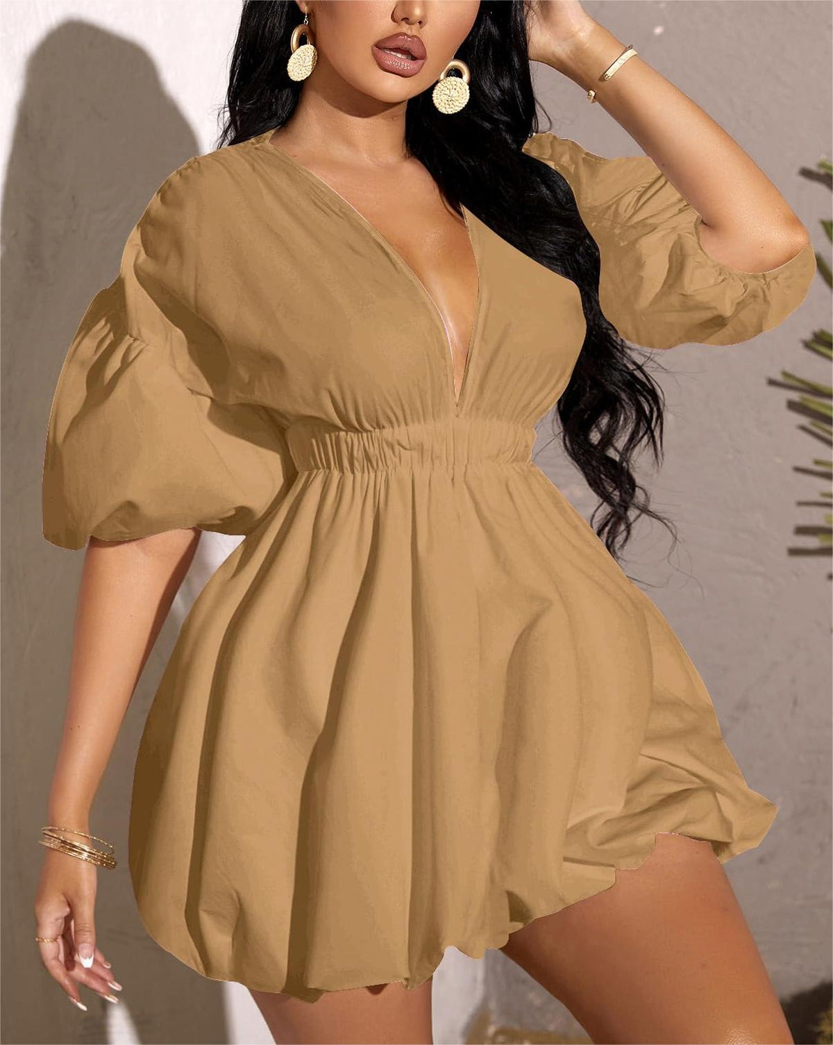 Women's Deep V-Neck Puffy Sleeve Elasticated High Waist Flared Dress