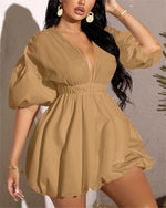 Women's Deep V-Neck Puffy Sleeve Elasticated High Waist Flared Dress