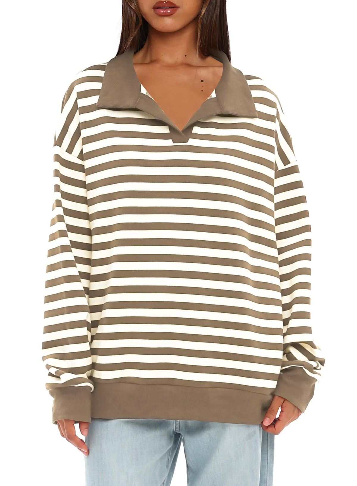 Women's Oversized Contrast Long Sleeve Striped Sweatshirts