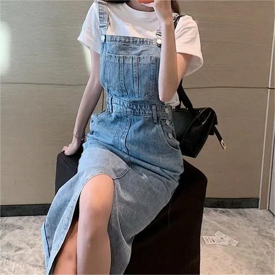 Retro Slim Slit Design Suspenders Skirt