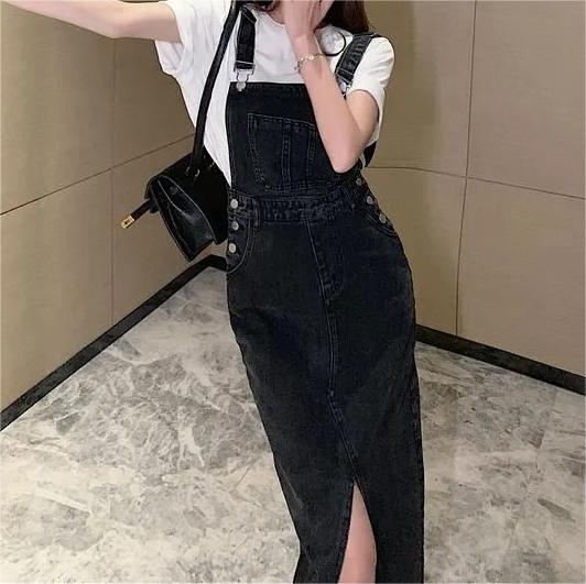 Retro Slim Slit Design Suspenders Skirt