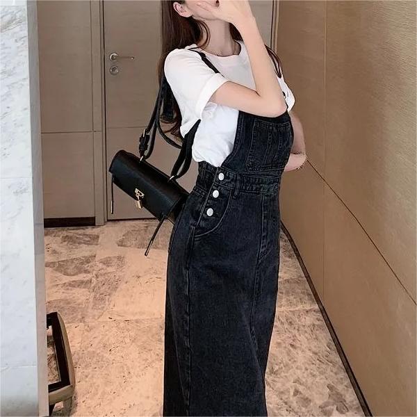 Retro Slim Slit Design Suspenders Skirt